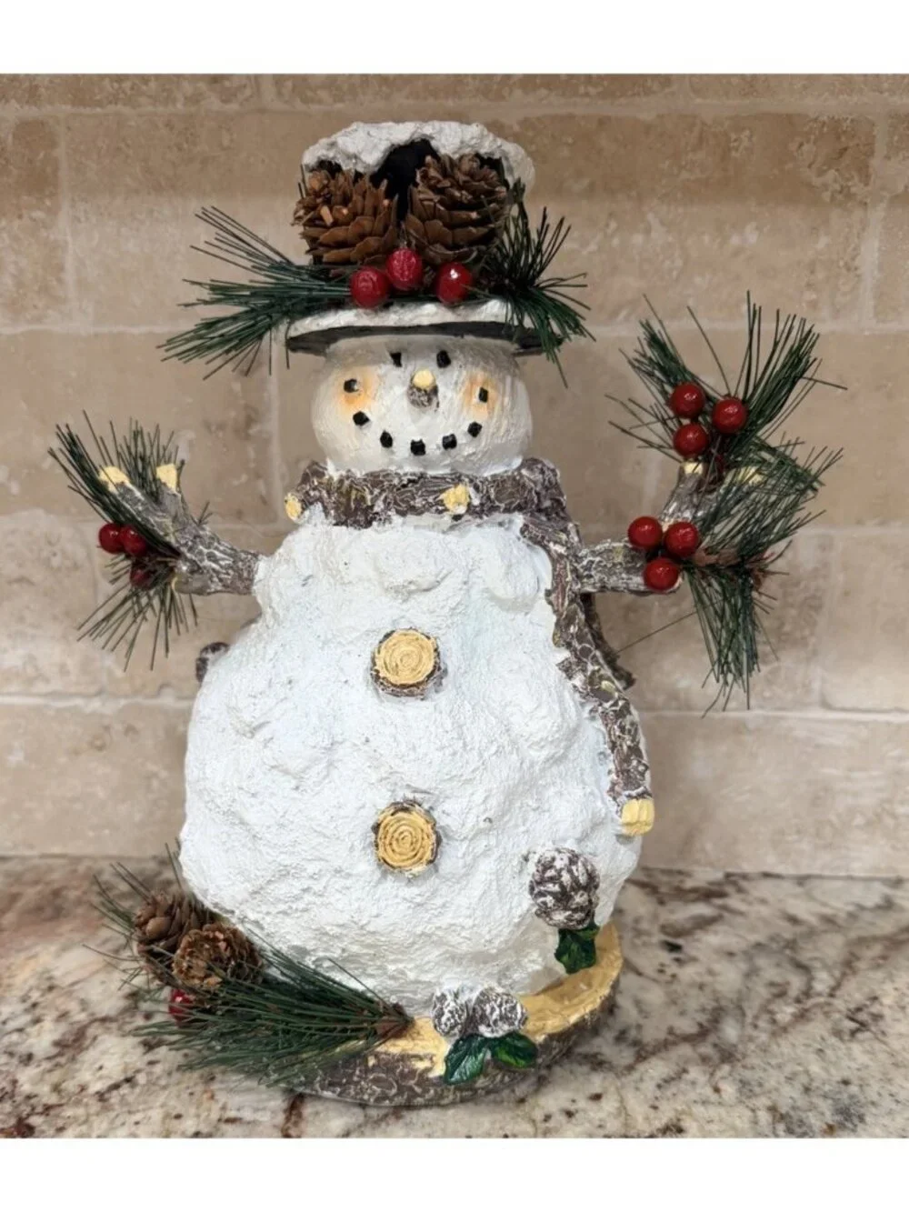 Rustic Snowman Figurine 10.5” X 6”Pinecone Christmas Decor